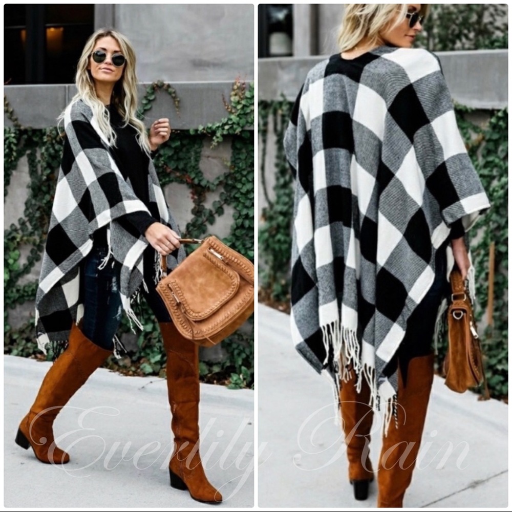Black & Winter White Buffalo Plaid Poncho - Picture 4 of 9